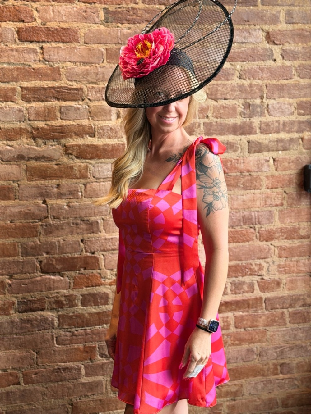 Tie-Shoulder Pink & Red Geometric Mini Dress and Cloche adjustable fascinator.